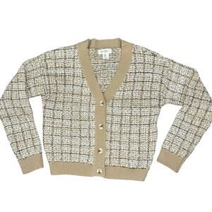 Jessica Simpson Tweed Bouclé Beige Black White Cardigan L Neutral Knit